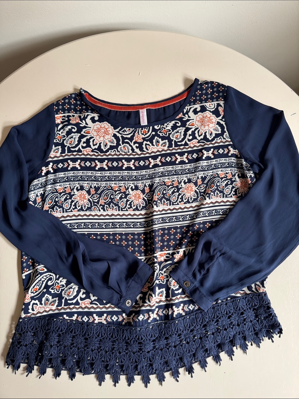 Xhilaration Boho Navy Floral Crochet-Hem Long Sleeve Blouse